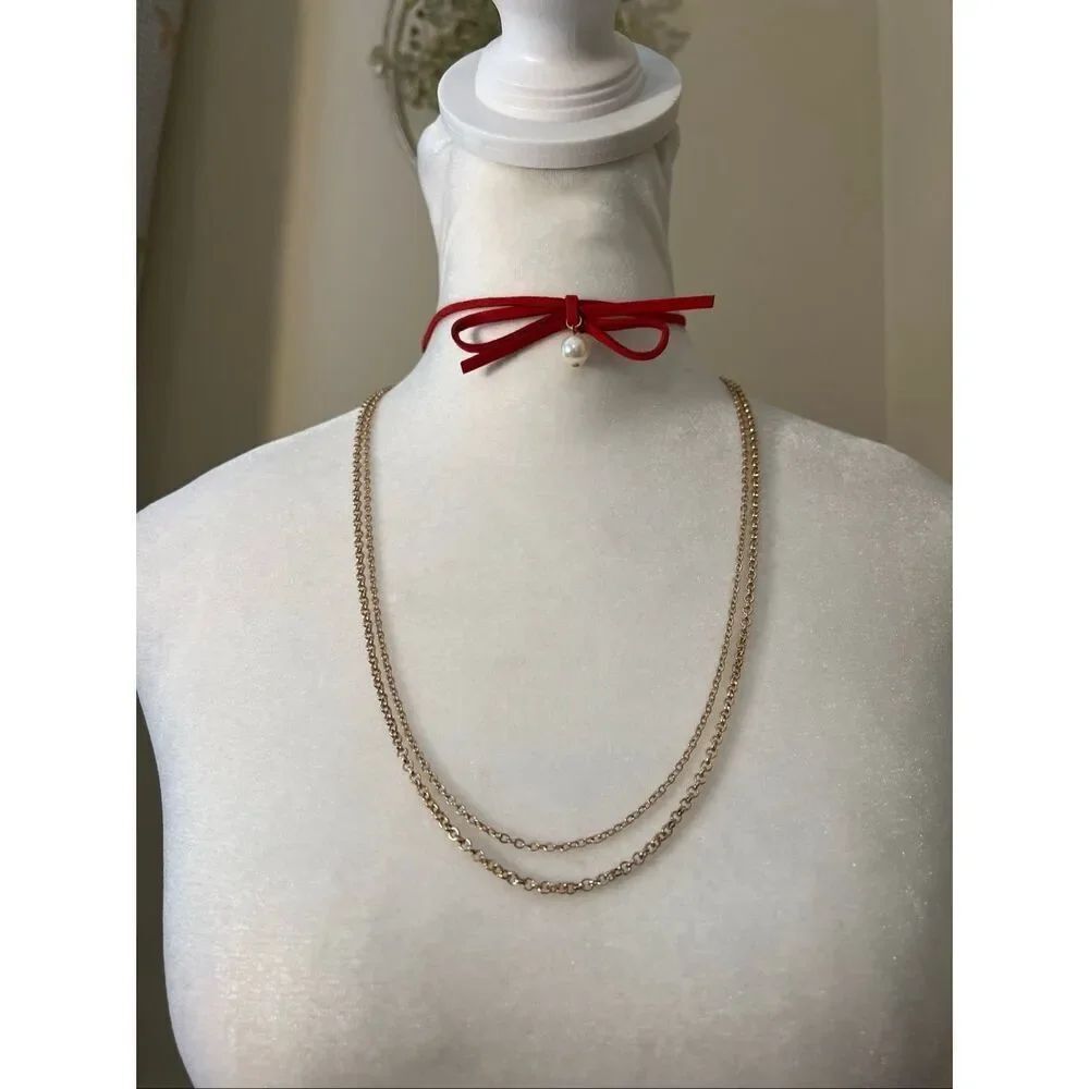 New Carisma Red Bow Choker Faux Pearl Gold Tone Double Chain Layered Necklace